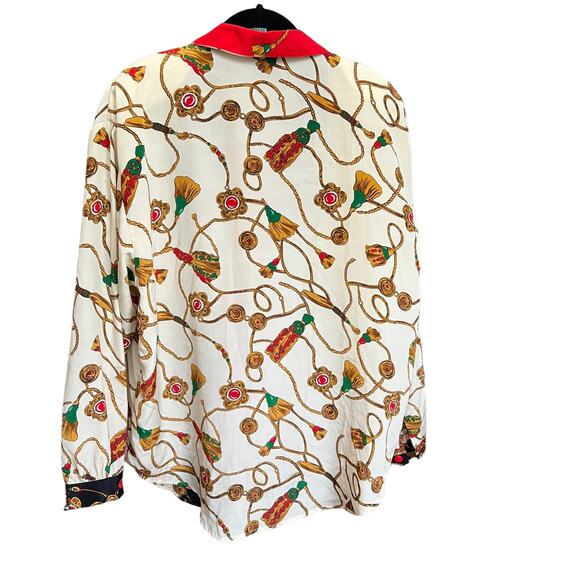 Vintage Impressions Cream Red Rope Brocade Equestrian Button-Down Blouse, L - Picture 2 of 5